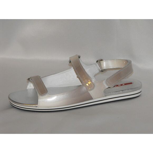 PRADA PATENT OMBRE FUME LEATHER FLATS TWO TONES GLADIATOR LOGO SANDALS 37.5 - Picture 3 of 6
